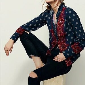 Free People Navy and Red Boho Blouse